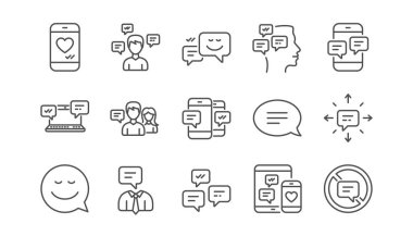 İleti ve iletişim simgeler. Grup chat, konuşma balonu ve Sms. iletişim doğrusal simgesini ayarlayın. Vektör