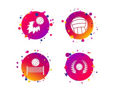 Voleybol ve net simgeler. Kazanan ödül defne çelengi sembolleri. Ateş topu ve plaj spor sembolü. Degrade daire düğmeleri ile kutsal kişilerin resmi. Rastgele noktalar teması. Vektör