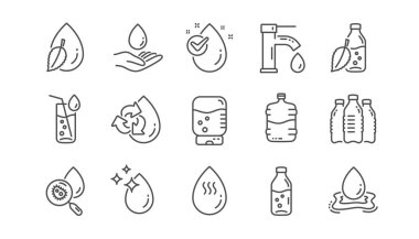 Su damla satır simgeler. Şişe, antibakteriyel filtre ve musluk suyu. Temiz su doğrusal Icon set. Vektör