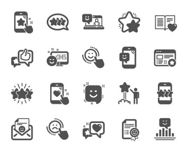 Geri bildirim simgeleri. Kullanıcı Görüşü, Müşteri Hizmetleri ve Yıldız Derecelendirme simgeleri. İfade verme, olumlu olumsuz duygu, müşteri memnuniyeti. Sosyal medya geri bildirimi, yıldız değerlendirme teknolojisi. Vektör