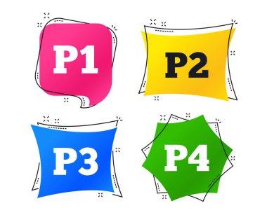 Car parking icons. First, second, third and four floor signs. P1, P2, P3 and P4 symbols. Geometric colorful tags. Banners with flat icons. Trendy design. Vector clipart