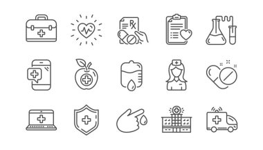 Tıbbi satır simgeler. Hastane yardım, sağlık gıda diyet ve laboratuvar. Kimya doğrusal Icon set. Vektör