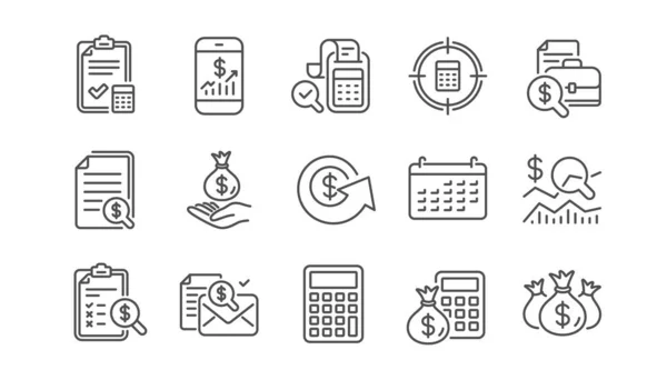 Symbole Für Die Buchhaltung Bericht Rechner Und Checkliste Geld Linearen — Stockvektor