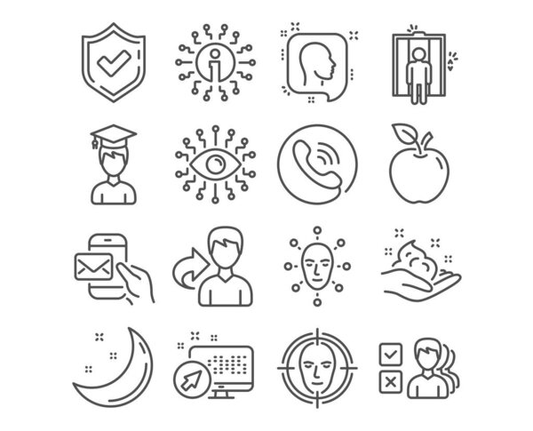 Set of Elevator, Face biometrics and Artificial intelligence icons. Face detect, Opinion and Messenger mail signs. Student, Head and Skin care symbols. Lift, Facial recognition, All-seeing eye