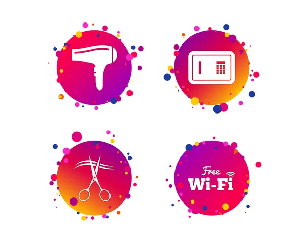 Hotel services icons. Wi-fi, Hairdryer and deposit lock in room signs. Wireless Network. Hairdresser or barbershop symbol. Gradient circle buttons with icons. Random dots design. Vector