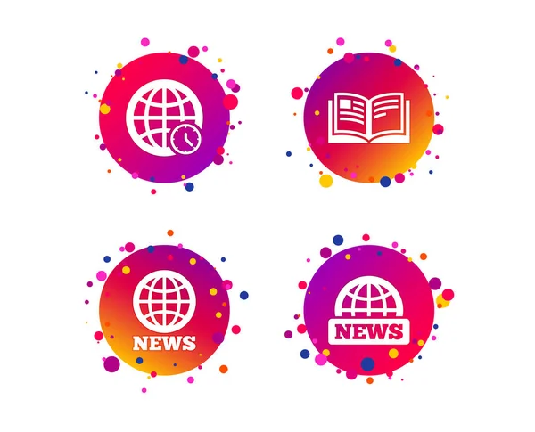 Nachrichtensymbole Weltkugelsymbole Aufgeschlagenes Buchschild Bildungsliteratur Gradienten Kreis Tasten Mit Symbolen — Stockvektor