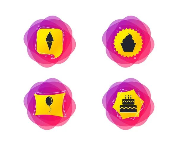 Icônes Fête Anniversaire Gâteau Avec Des Glaces Ballon Pneumatique Avec — Image vectorielle