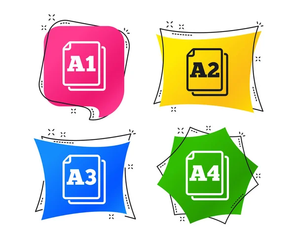 Icônes Standard Format Papier Document Symboles Signaux Étiquettes Colorées Géométriques — Image vectorielle