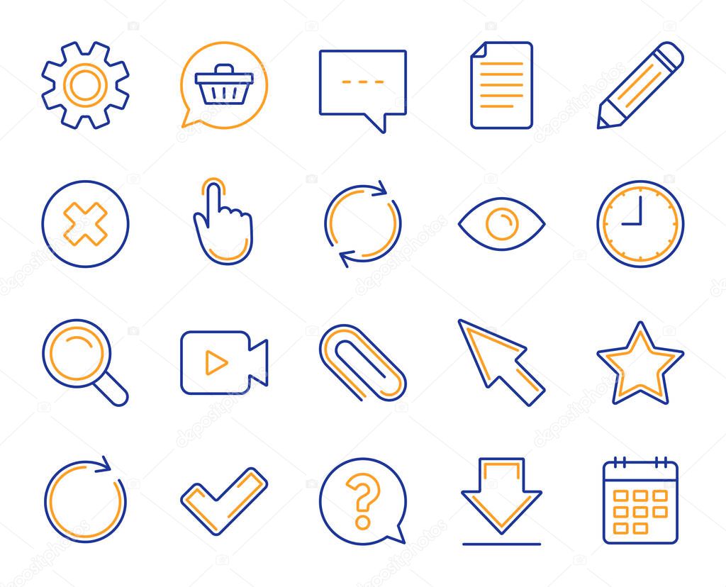 Document, Time, Calendar line icons. Question, Chat and Pencil icons. Cogwheel, Download calendar document, Attach clip. Mouse cursor, Magnifier and Shopping cart. Clock time, question mark. Vector