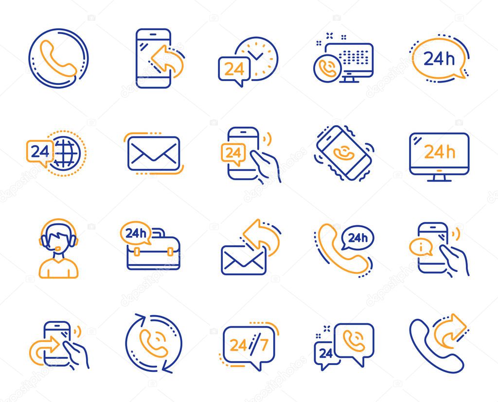Processing line icons. Set of Callback or feedback, Call support and Chat message icons. 24 hour service, Call centre, 24/7. Telephone callback, support message, feedback phone center. Vector