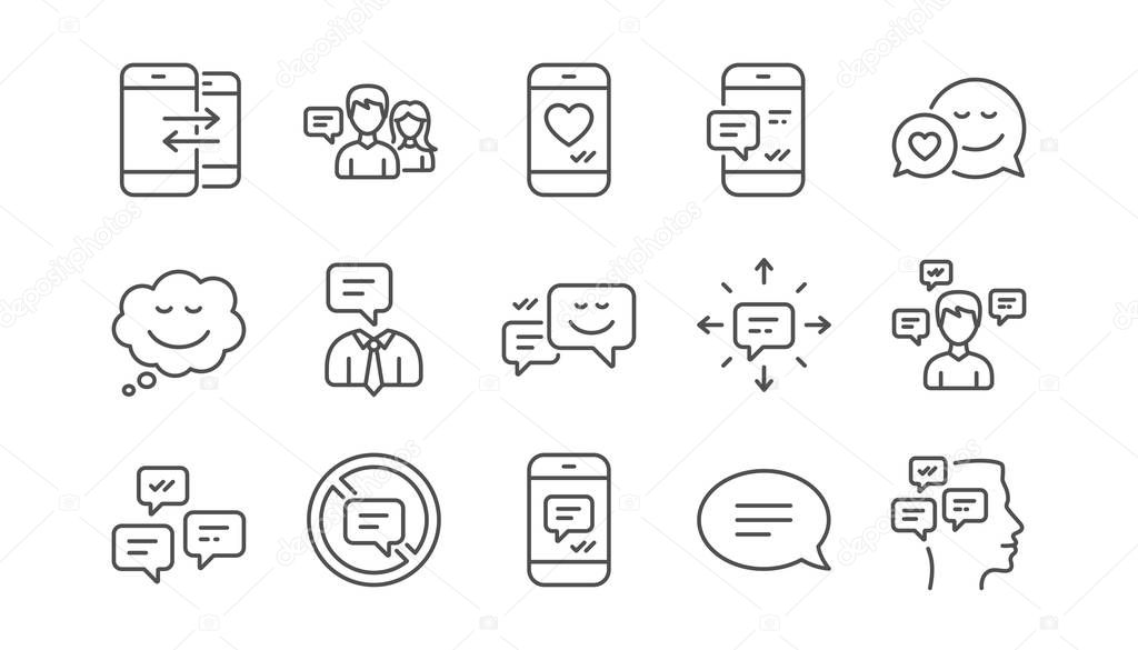 Message and Communication icons. Group chat, Speech bubble and Sms. Contact linear icon set.  Vector