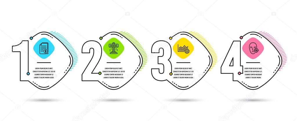 Infographic template 4 options or steps. Set of Attraction, Financial documents and Operational excellence icons. Problem skin sign. Free fall, Check docs, Corporate business. Facial care. Vector