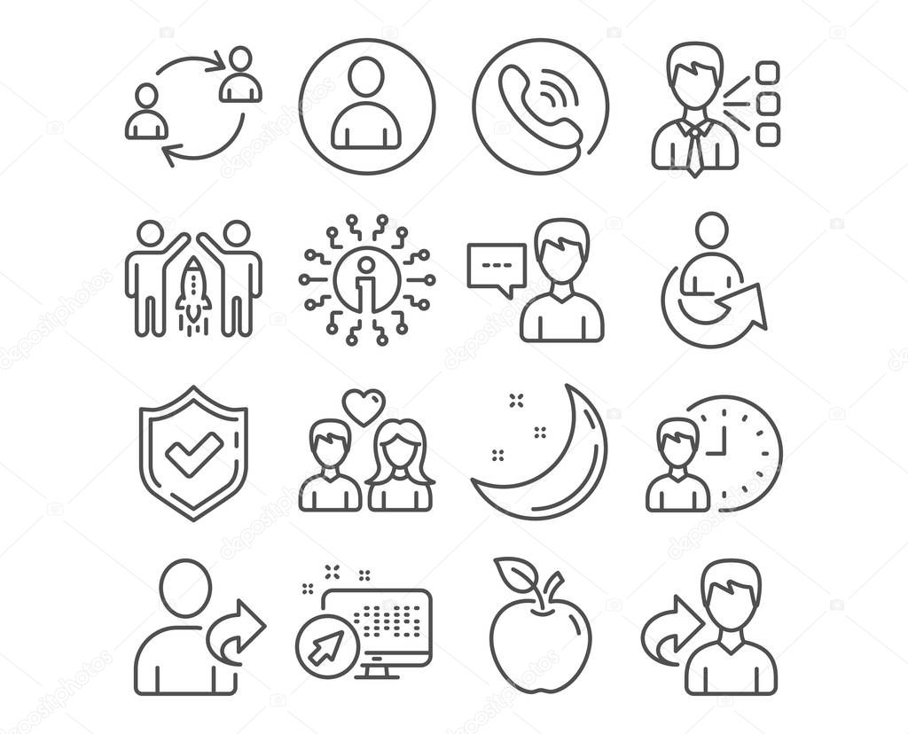 Set of Person talk, Avatar and Couple love icons. Third party, User communication and Working hours signs. Refer friend, Partnership and Share symbols. Vector