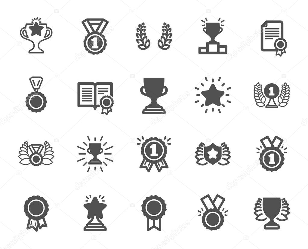 Award icons. Set of Winner medal, Victory cup and Laurel wreath award icons. Reward, Certificate and Diploma message. Glory shield, Prize winner, rank star, diploma certificate. Quality design element