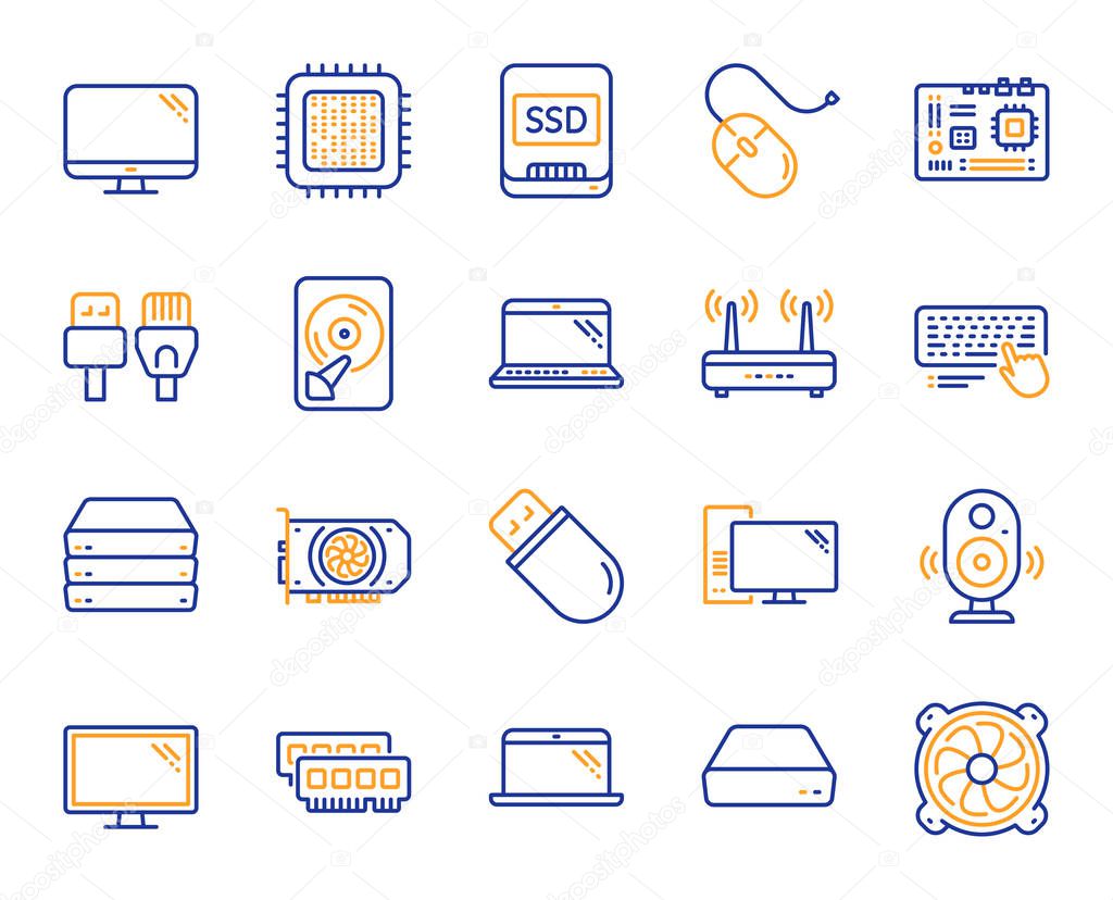 Computer components, Laptop, SSD line icons. Motherboard, CPU, Internet cables icons. Wifi router, computer monitor, Graphic card. Keyboard, SSD device. Internet cables, laptop components. Vector