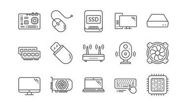 Bilgisayar aygıt hattı simgeler. Anakart, işlemci ve Laptop. SSD bellek doğrusal Icon set. Vektör