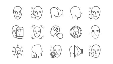 Yüz hattı simgeleri tanır. Biyometri algılama, yüz kimliği ve tarama. Kimlik doğrusal Icon set. Vektör