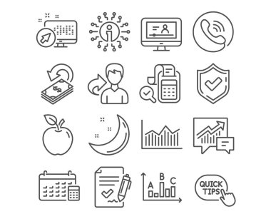 Hızlı ipuçları, onaylı sözleşmesi ve Cashback simgeler kümesi. Para diyagramı, muhasebe ve fatura muhasebe işaretler. Anket sonuçları, Online video ve sembolleri takvim. Vektör