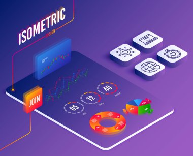 İzometrik vektör. Web aşk, kalp atışı zamanlayıcı ve Dating ağ simgeler kümesi. Uluslararası sevgi işareti. Sosyal ağ, Internet dating. Yazılım veya Mali piyasalar. Analiz veri kavramı. Vektör