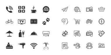 Hotel Hizmetleri simgeler kümesi. Telefon, Wi-Fi internet ve para birimi döviz işaretler. Kahve, şarap şişesi ve klima simgeler. Kağıt Uçak, rapor ve alışveriş sepeti simgeleri. Bir grup insan