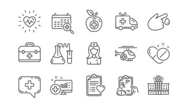 Tıbbi satır simgeler. Hastane yardım, sağlık gıda diyet ve laboratuvar. Kimya doğrusal Icon set. Vektör