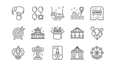 Eğlence Parkı satır simgeler. Carousel, Roller coaster ve sirk. Palyaço doğrusal Icon set. Vektör