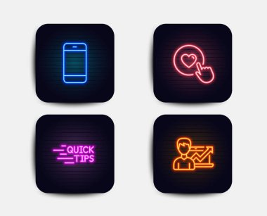 Neon glow ışıkları. Düğme, akıllı telefon ve eğitim gibi simgeler kümesi. Başarı iş işareti. Sevgi, cep telefonu veya telefon, hızlı ipuçları tuşuna basın. Büyüme grafiği. Neon simgeler. Parlayan ışık afiş. Vektör