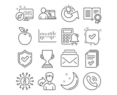 Onaylandı, sütun Diyagram ve posta simgeler kümesi. Hesap makinesi alarm, Online Eğitim ve Diploma işaretler. Fikir, Ödülü Kupası ve dinleyici notu sembolleri paylaşın. Kabul edilen mesaj, Satış istatistikleri, yeni iletiler