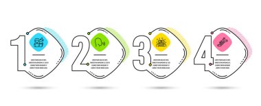 Infographic Şablon 4 seçenekleri veya adımları. İnsan şarkı, hediye ve temizlik simgeler kümesi. Yürüyen merdiven işareti. Konuşma, mevcut, hizmetçi Servisi. Asansör. Süreç diyagramı, iş akışı düzeni. Bilgi grafiği. Vektör