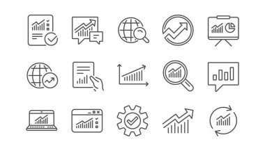 Analytics satır simgeler. Raporlar, Çizelgeler ve grafikler. Veri istatistikleri doğrusal Icon set. Vektör