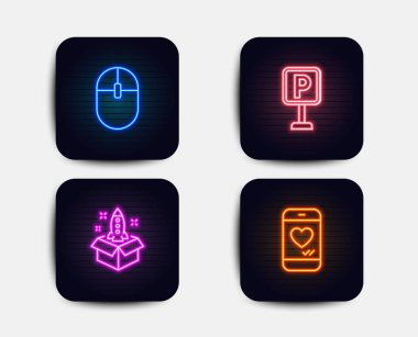 Neon glow ışıkları. Bilgisayar fare, başlangıç ve otopark simgeler kümesi. Sohbet işareti seviyorum. PC donanımları, yenilik, otomatik park. Smartphone. Neon simgeler. Parlayan ışık afiş. Vektör
