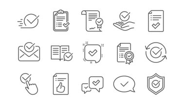 Satır simgeler onaylayın. Denetim listesi, sertifika ve ödül madalya. Sertifikalı belgeye doğrusal Icon set. Vektör