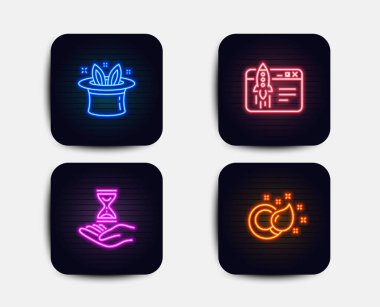 Neon glow ışıkları. Hat-trick, başlangıç iş ve zaman kum saati simgeler kümesi. Boya fırça işareti. Sihirli şapka, denize indirmek fikir, kum saati. Yaratıcılık. Neon simgeler. Parlayan ışık afiş. Vektör