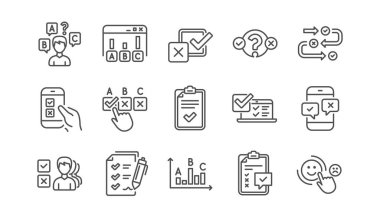 Anket veya rapor satırı simgesi. Fikir, müşteri memnuniyeti ve geribildirim sonuç. Sınama doğrusal simge kümesi. Vektör