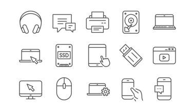 Aygıt hattı simgeler. Dizüstü bilgisayar, Ssd ve kulaklık. Yazıcı doğrusal Icon set. Vektör