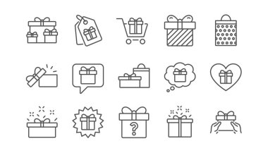 Hediye satır simgeler. Mevcut özel indirim ve satış. Alışveriş doğrusal Icon set. Vektör