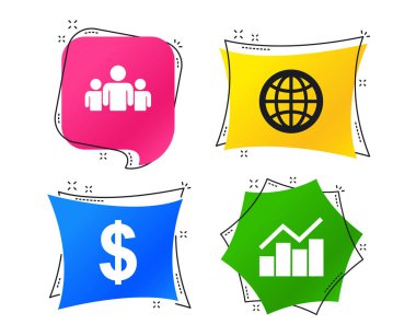 İş ikonları/simgeleri. Grafik ve küre işaretleri grafiğini çizin. Dolar Döviz Alım ve insanlar simgeler grubu. Geometrik renkli Etiketler. Afiş ile düz kutsal kişilerin resmi. Modaya uygun bir tasarım. Vektör