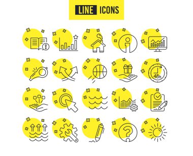 Whistle, Waves and Sun line icons. Customisation, Global warming and Question mark signs. Signature Rfp, Information and Efficacy symbols. Gift box, Consolidation and Operational excellence. Vector clipart