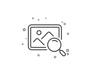 Arama fotoğraf satırı simgesi. Resim veya görüntü işareti bulmak. Geometrik şekiller. Rasgele çapraz öğelerin. Doğrusal Arama fotoğraf simge tasarım. Vektör