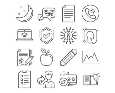 Copywriting, hızlı ipuçları ve ürün bilgi simgeler kümesi. Dosya, Web sitesi eğitim ve diyagram işaretler. Denetim listesi, kalem ve baş sembolleri. telif hakkı imza, Faydalı hileler, eğitim sürecini