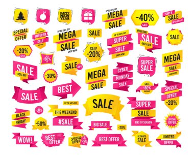 Satış afiş. Süper mega indirimler. Mutlu yeni yıl simgesi. Noel ağacı ve hediye kutusu simgeleri oturum açın. 