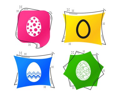 Paskalya yumurta simgeler. Daireler ve çiçek desenleri simgeler. Gelenek Pasch işaretleri. Geometrik renkli Etiketler. Afiş ile düz kutsal kişilerin resmi. Modaya uygun bir tasarım. Vektör