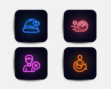 Neon glow ışıkları. Hız göstergesi ayarla, hesap ve Santa şapka simgeleri kaldırın. İşareti paylaşmak. Zaman kavramı, Sil kullanıcı, Noel. Başvuru kişi. Neon simgeler. Parlayan ışık afiş. Vektör