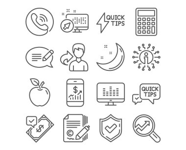 Müzik yapma kümesi, simgeler Copywriting ve Hızlı Başlangıç Kılavuzu. Kabul edilen ödeme, telefon Finans ve iletiyi işaretler. Analytics, hızlı ipuçları ve hesap makinesi simgeler. Vektör