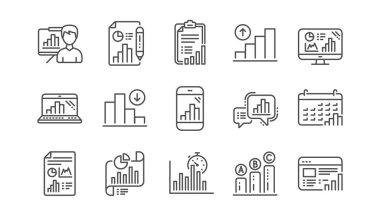 Satır simgeleri grafik. Çizelgeler ve grafikler, sunum ve rapor. Analitik doğrusal Icon set. Vektör