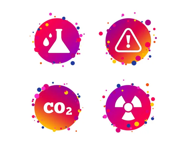 Aufmerksamkeit Und Strahlung Symbole Chemiekolben Zeichen Co2 Kohlendioxid Symbol Gradienten — Stockvektor