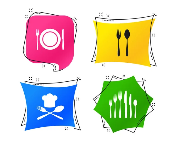 Πιάτο Πιάτο Πιρούνια Και Μαχαίρια Εικονίδια Επικεφαλής Καπέλο Σημάδι Σύμβολο — Διανυσματικό Αρχείο