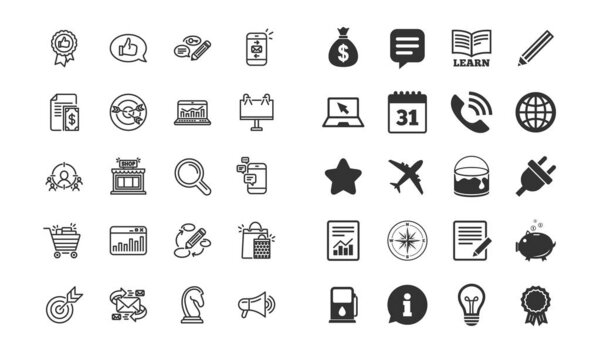 Иконки маркетинговых линий. Набор знаков "Стратегия, обратная связь и реклама". Исследование, коммуникация и ключевые слова символов. Шахматный рыцарь, цель и почта. Вектор
