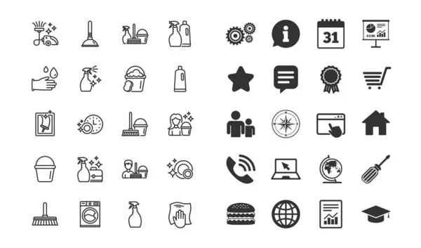 Iconos Línea Limpieza Señales Lavandería Esponja Aspiradora Lavadora Servicio Limpieza — Archivo Imágenes Vectoriales