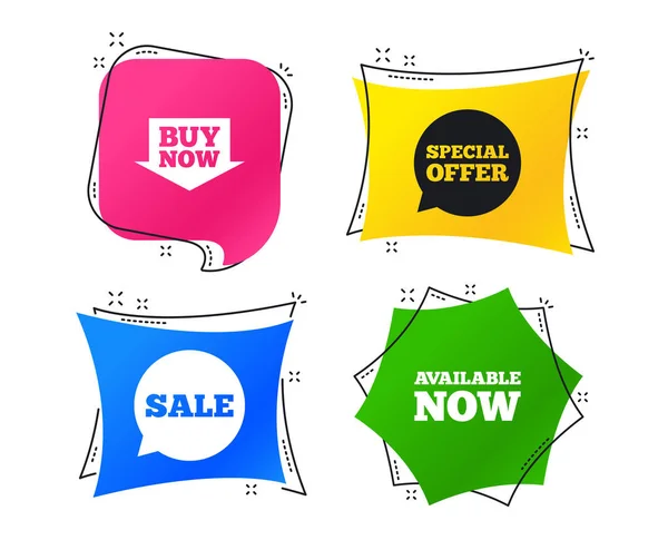 销售图标 特殊报价语音气泡符号 现在购买箭头购物标志 可立即使用 几何彩色标签 带有平面图标的横幅 时尚的设计 — 图库矢量图片
